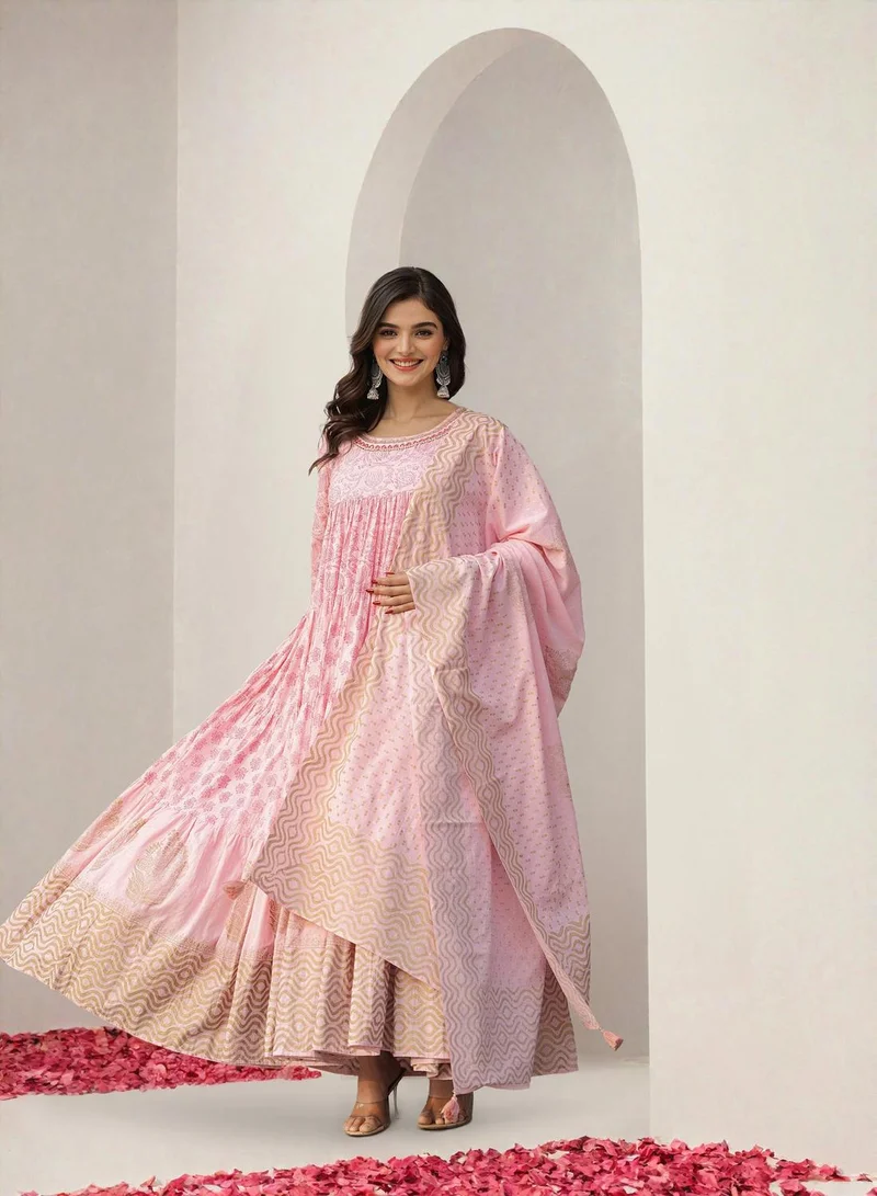 ISHIN Women's Pink 100% Cotton Embellished Midi Kaftan Straight Fit Dress